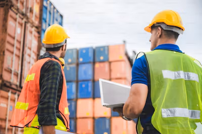Men at work standing in front of some containers