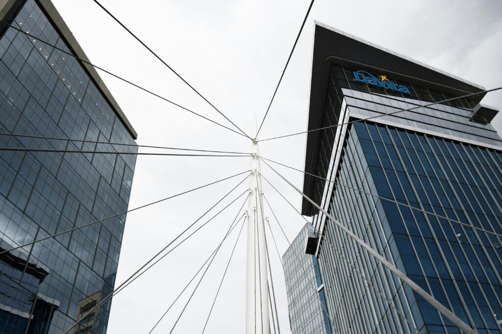 Two high-rise buildings with multiple lines connecting them.