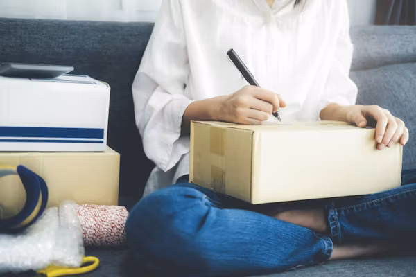 A woman writing on a box